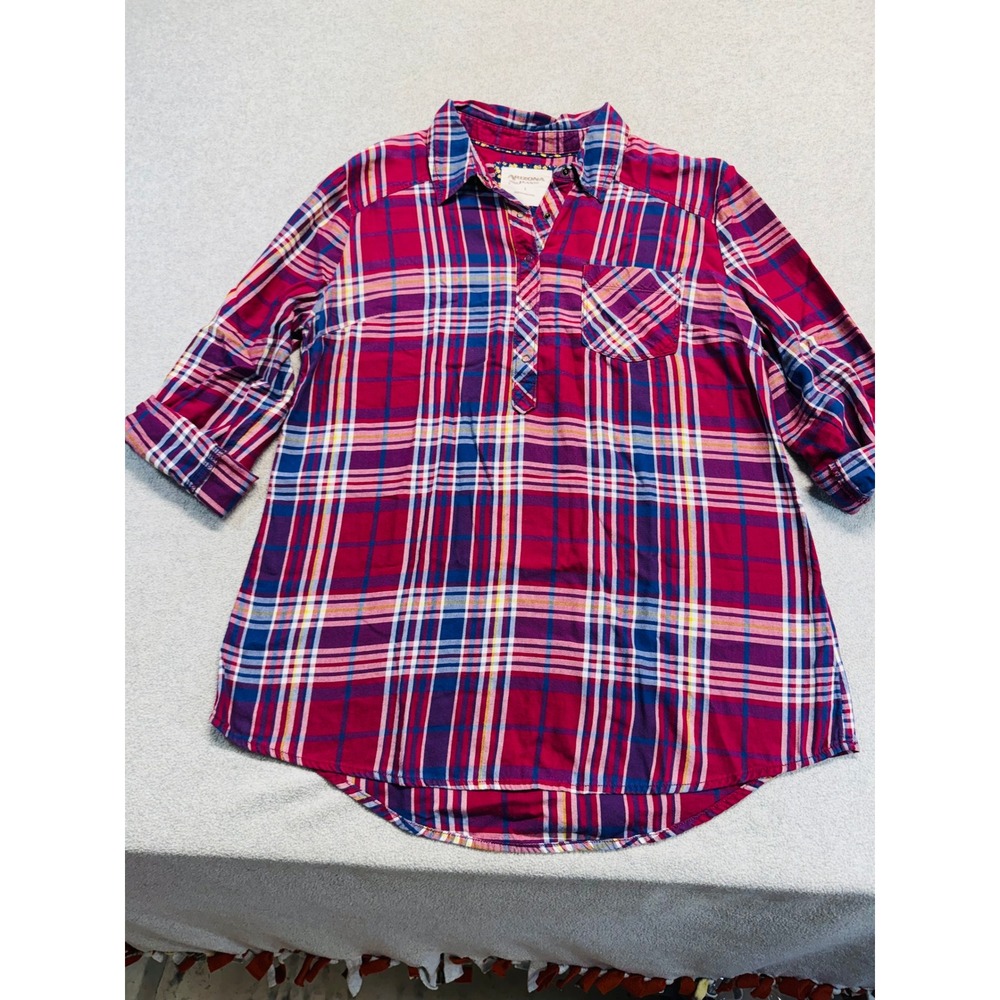 Arizona Jeans Co Plaid Tunic Womens Large Red‎ Blue Snap Front Roll Tab Sleeve